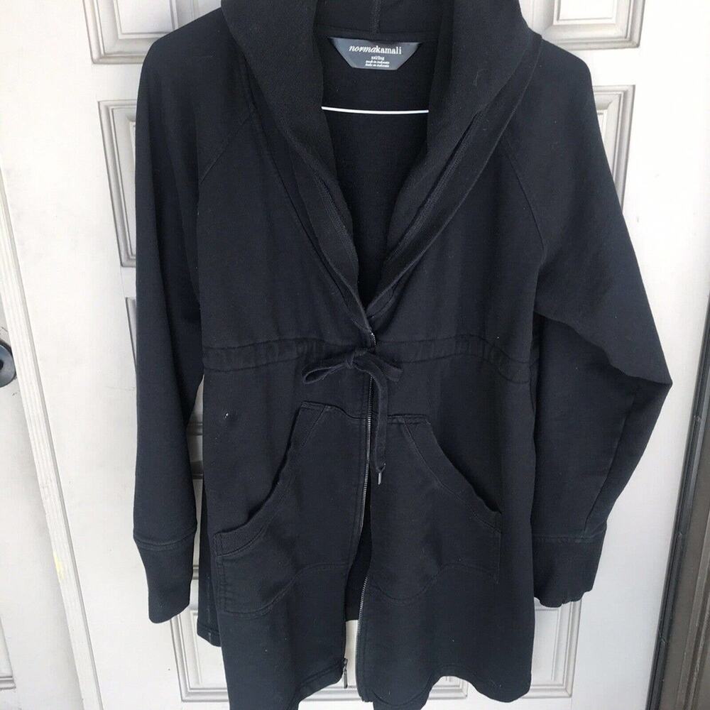Norma Kamali Jacket Plus Size2XL Hooded Black Zip Front Draw String Pre-Owned